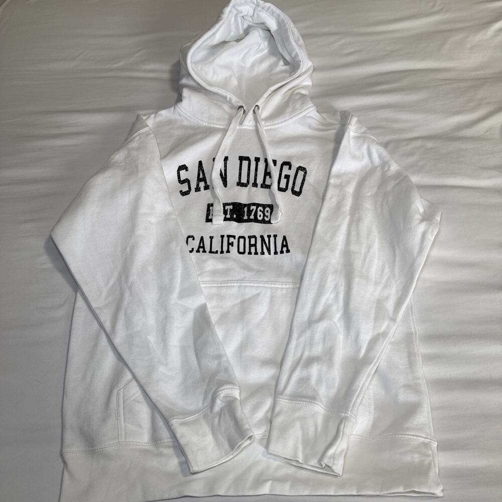 San Diego California Spellout Graphic White Hooded Sweatshirt Womens Large - Picture 6 of 11